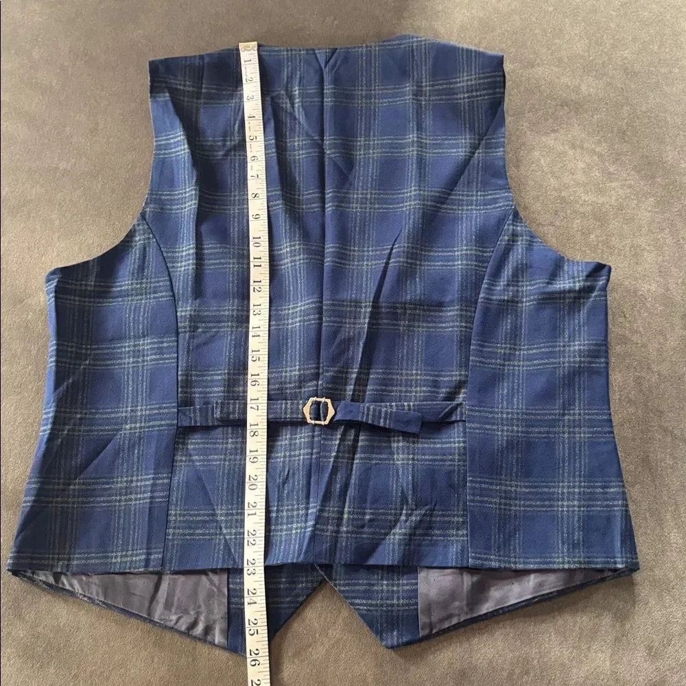 Men’s Blue Plaid 3 Piece Double Breasted Suit Peak Lapel 44 Jacket 40 Pants NEW